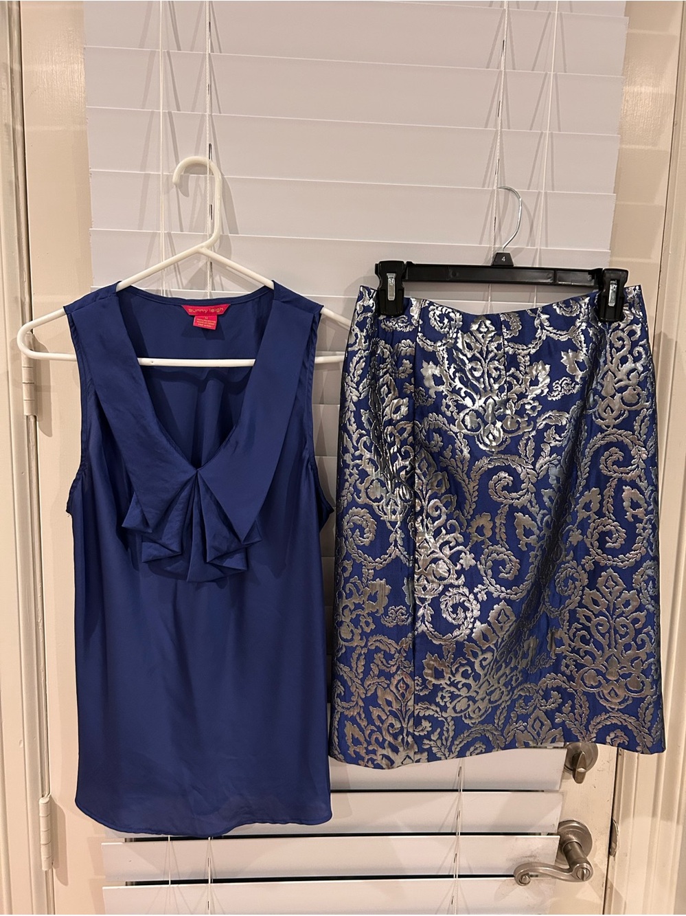 Sunny Leigh Royal Blue Sleeveless Blouse And Blue Skirt With Silver Embossing